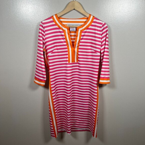 Gretchen Scott Hinckley Jersey Dress Size Small Pink Orange Split Neck Preppy - Picture 1 of 8